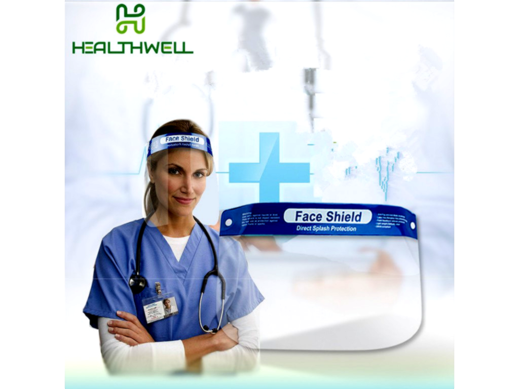 Лицевой защитный щиток HEALTHWELL 32×22 см, противотуманный, с пеной и регулируемой лентой